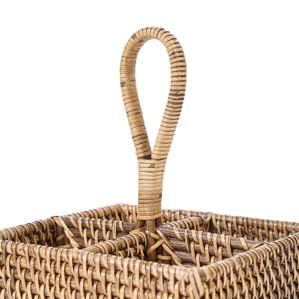 Brown woven rattan cutlery caddy with loop handle