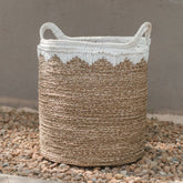 White woven seagrass storage basket with handles