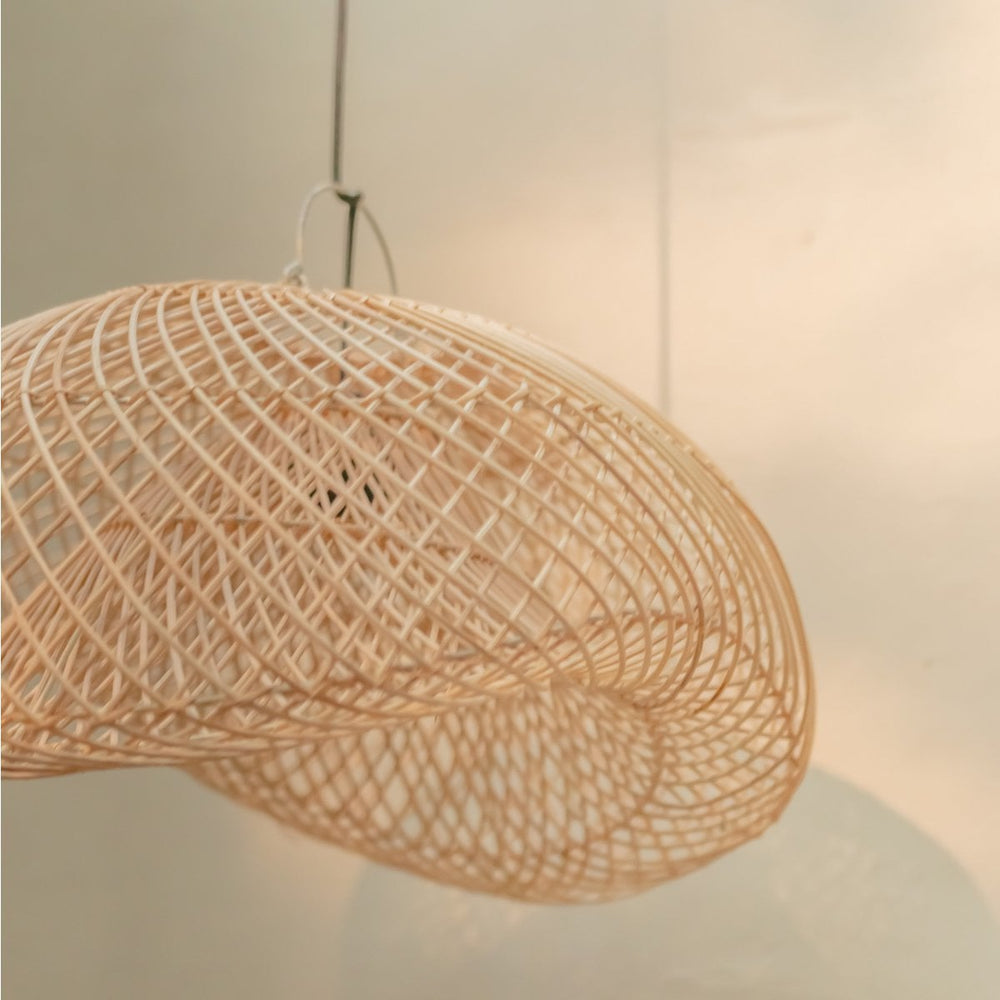 Beige woven rattan lampshade with metal frame