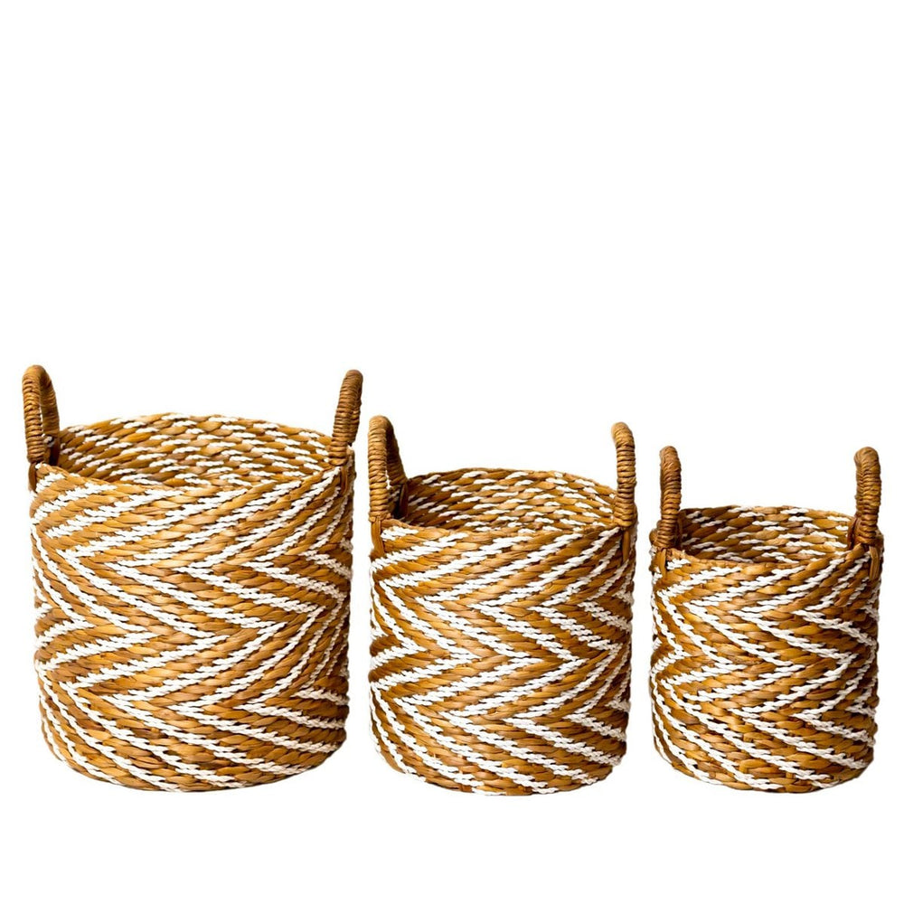 White and beige woven water hyacinth basket with striped pattern