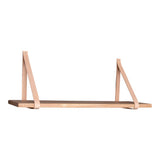 Brown wooden wall shelf with leather straps