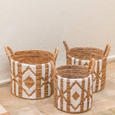 Brown banana fibre basket with white cotton macrame pattern