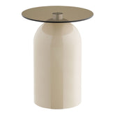 Grey and beige round side table with tempered glass top and metal frame