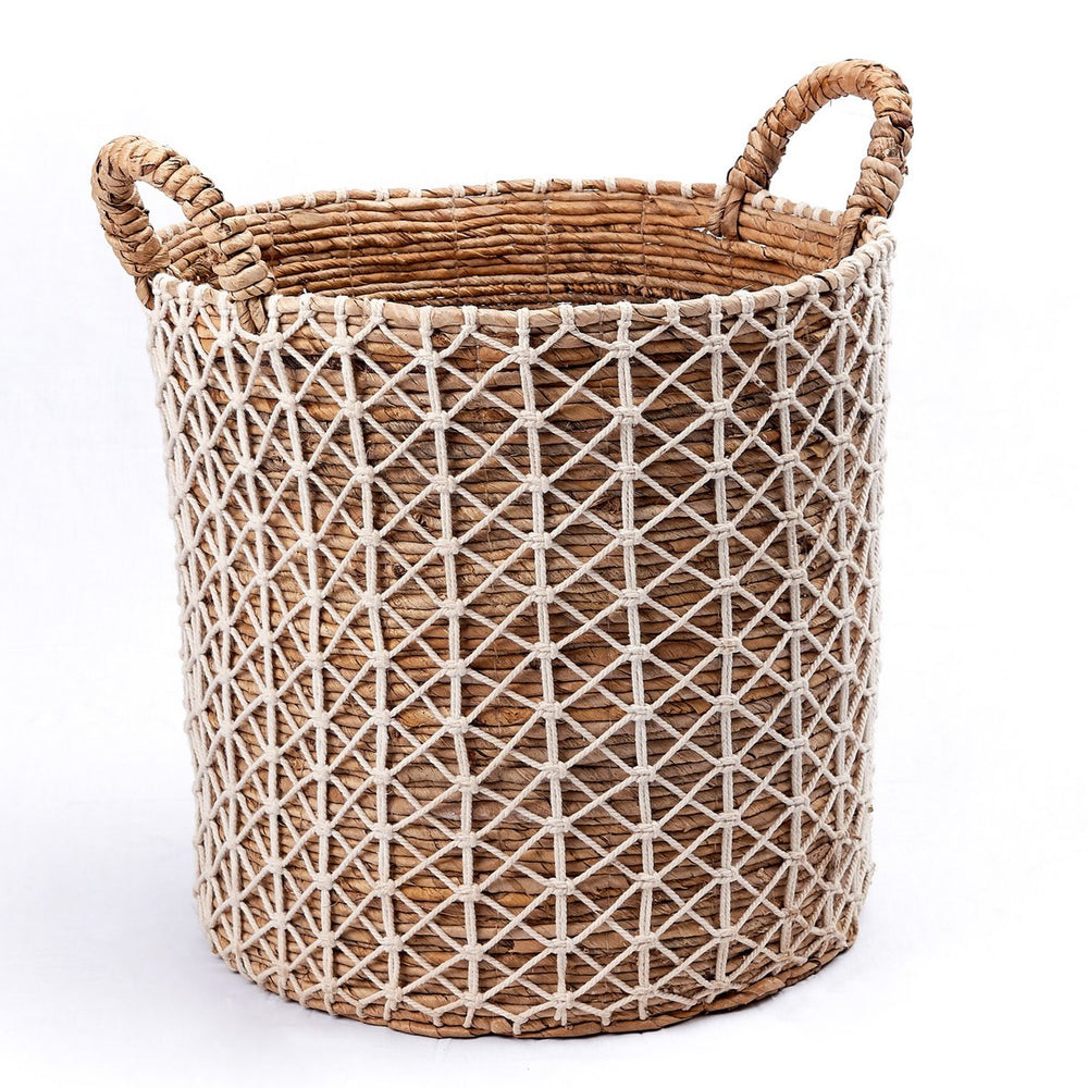 Brown banana fibre basket with white cotton woven pattern