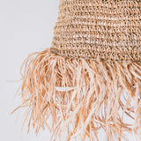 Close-up of a woven straw hat with fringes on a light background