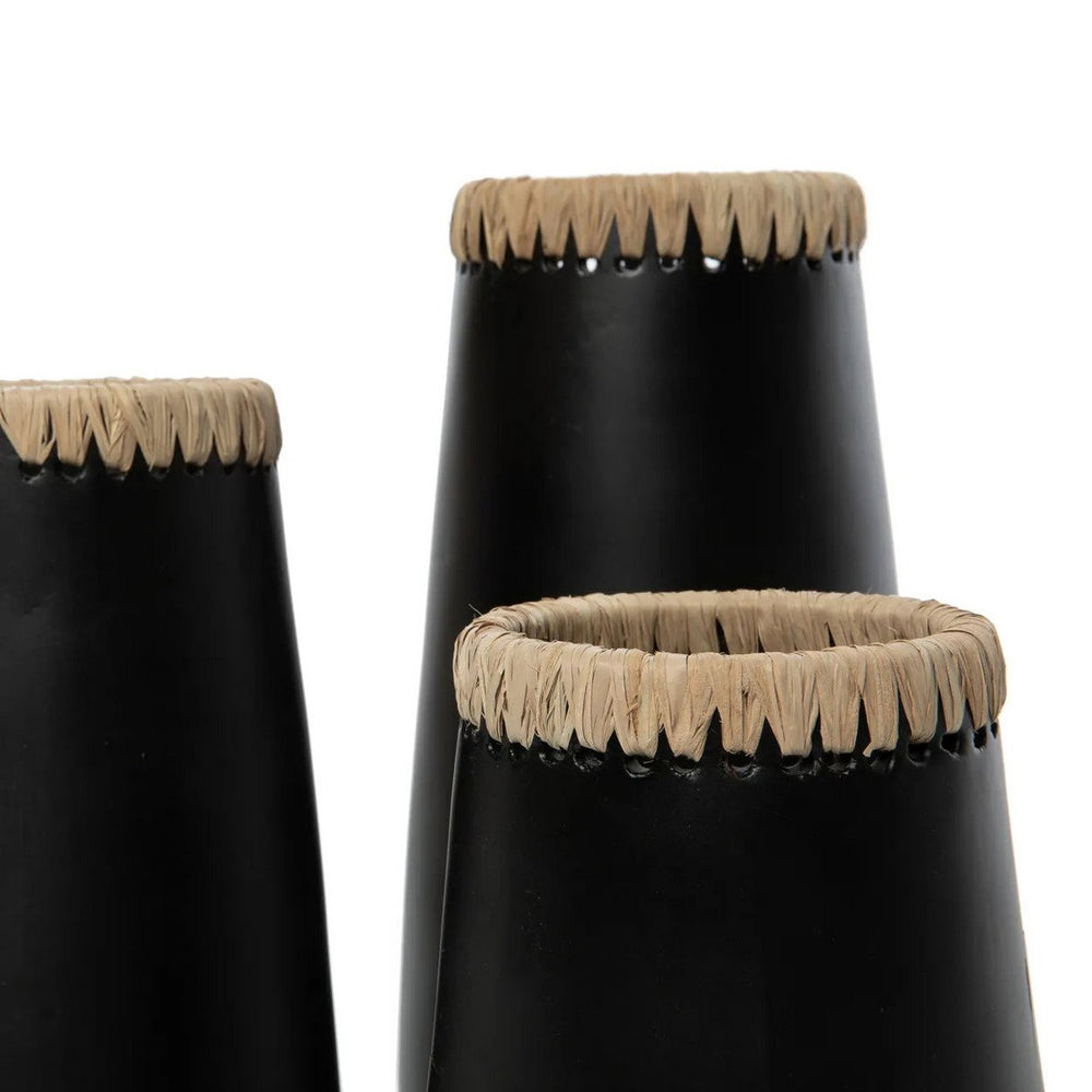 Black terracotta vase with natural raffia trim