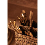 Brown woven rattan cutlery caddy with loop handle