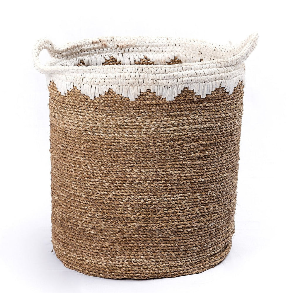 White woven seagrass storage basket with handles
