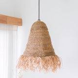 Woven pendant light with fringe on a white background