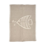 Natural white linen kitchen towel with fish motif