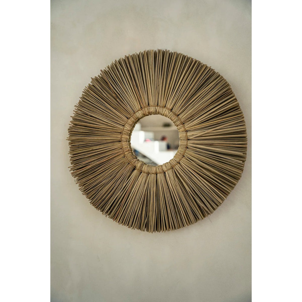 Natural grass framed round mirror