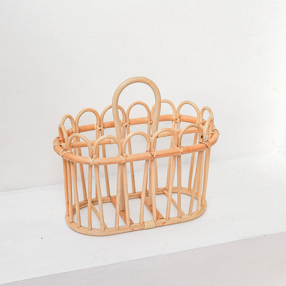 Beige rattan newspaper basket with two compartments
