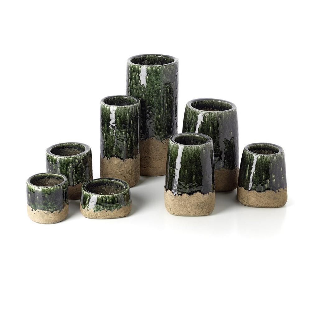 Green stoneware bowl planter with concrete-look finish