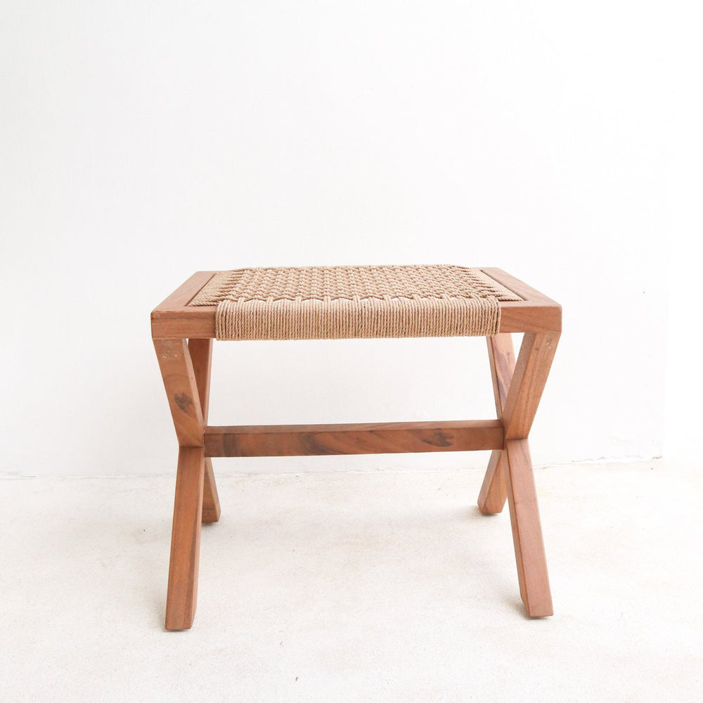 Beige wooden stool with woven recycled paper seat