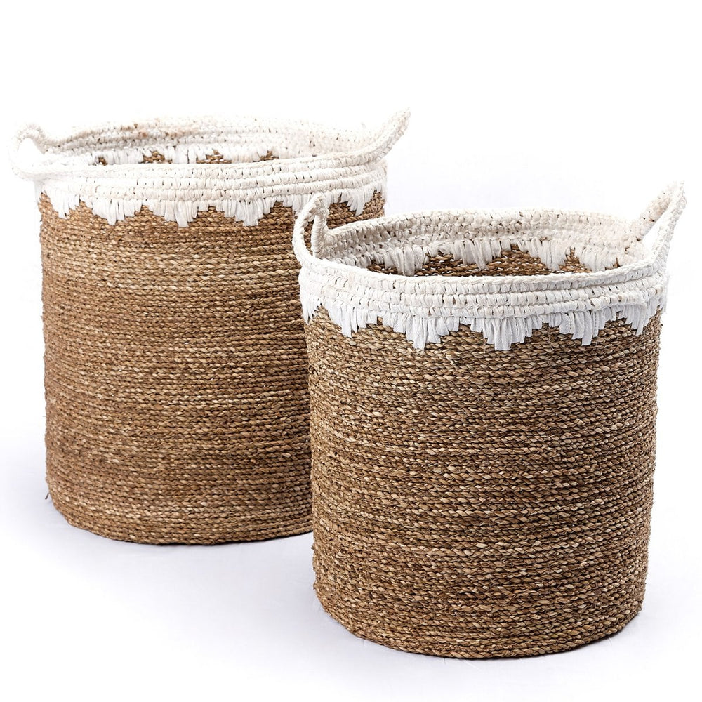 White woven seagrass storage basket with handles