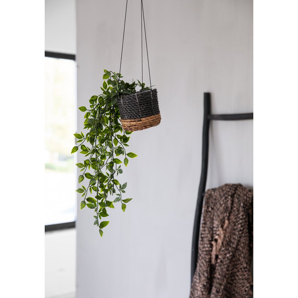Black woven banana leaf hanging plant basket