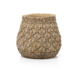 Woven basket with geometric pattern on a white background