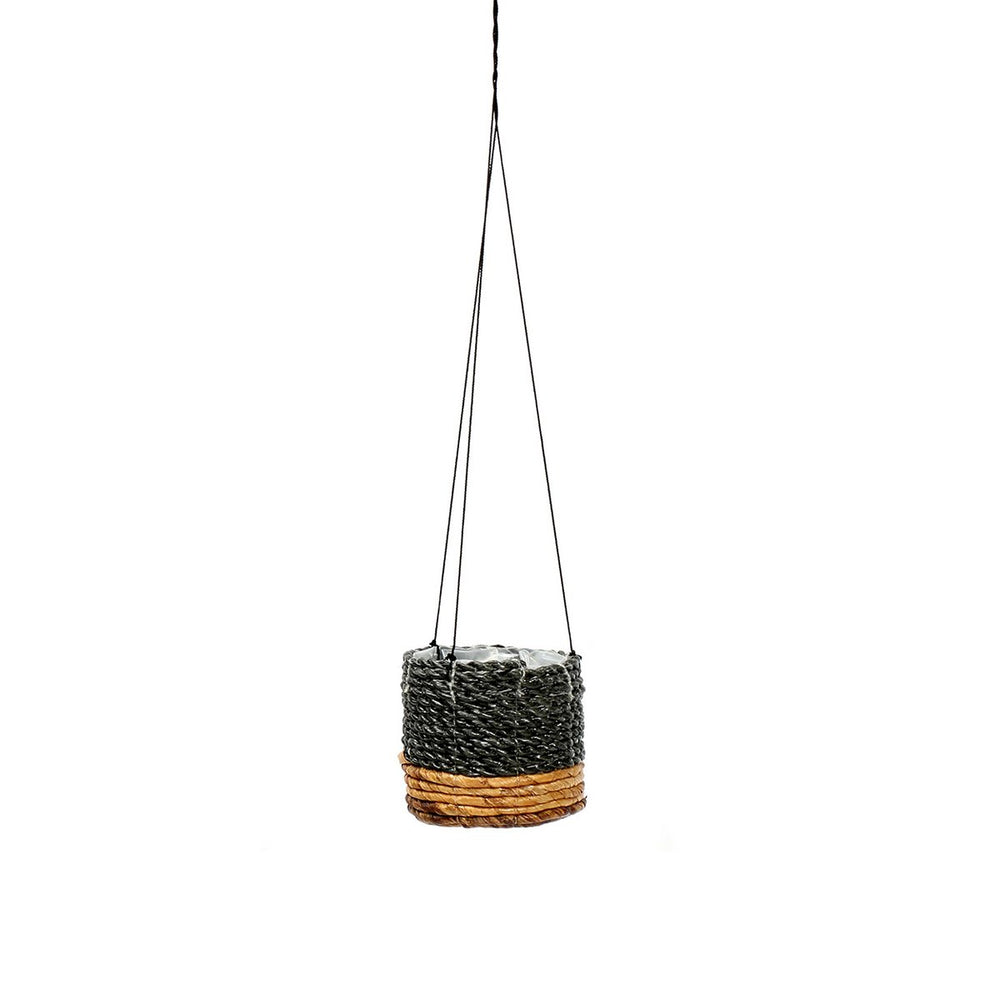 Black woven banana leaf hanging plant basket