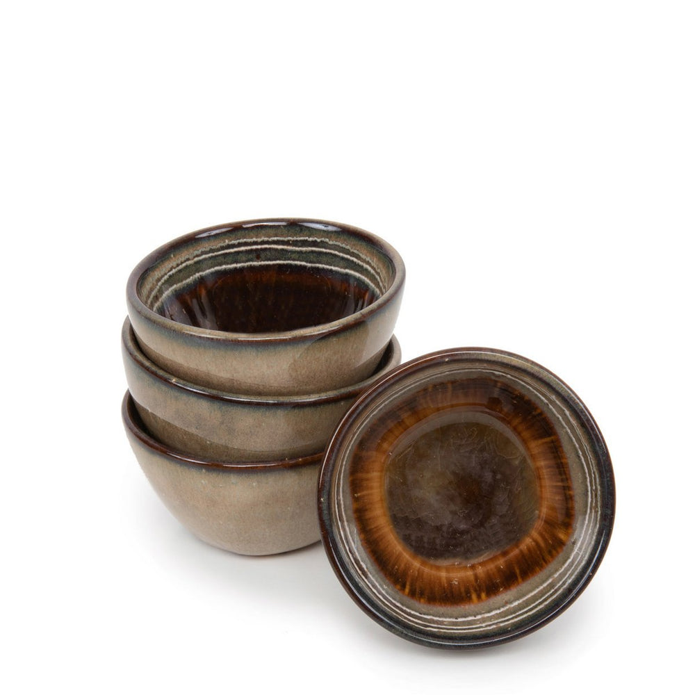 Set of ceramic bowls with brown interior and exterior on a white background