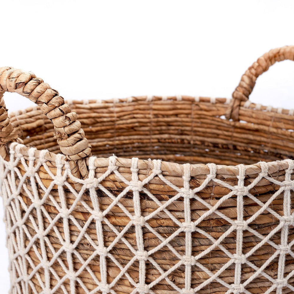 Brown banana fibre basket with white cotton woven pattern