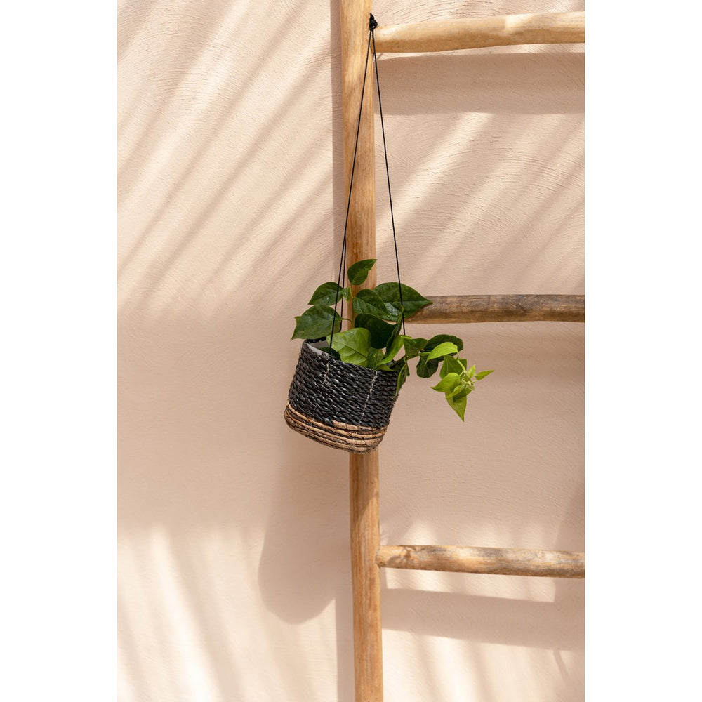Black woven banana leaf hanging plant basket